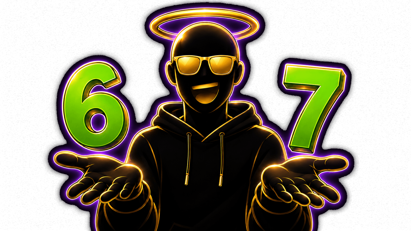 The Chairman: a black silhouette in a hoodie with a gold neon outline, gold sunglasses and a gold halo, palms up in the six-seven pose between a green 6 and a green 7